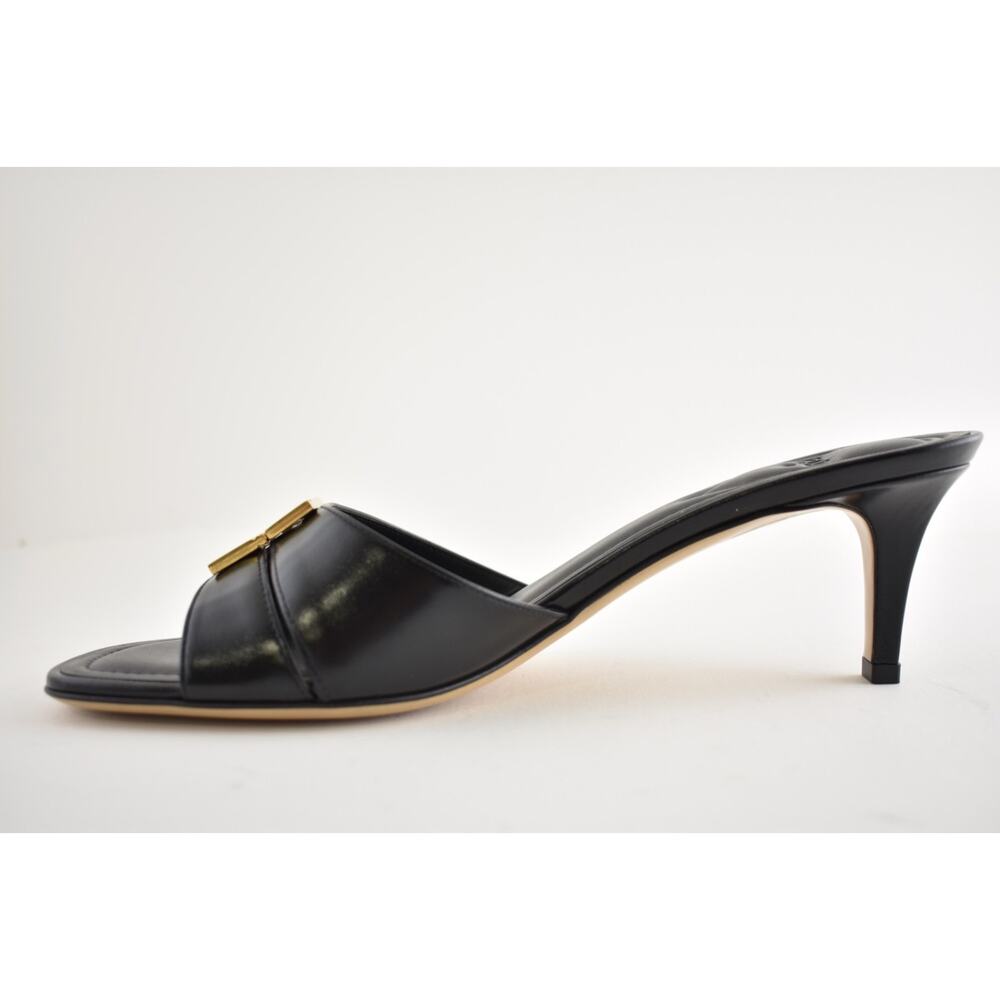 Fendi Fold Slide Black Leather Gold FF Logo Mule Kitten Heel Pump Sandals 37.5 - Picture 15 of 16